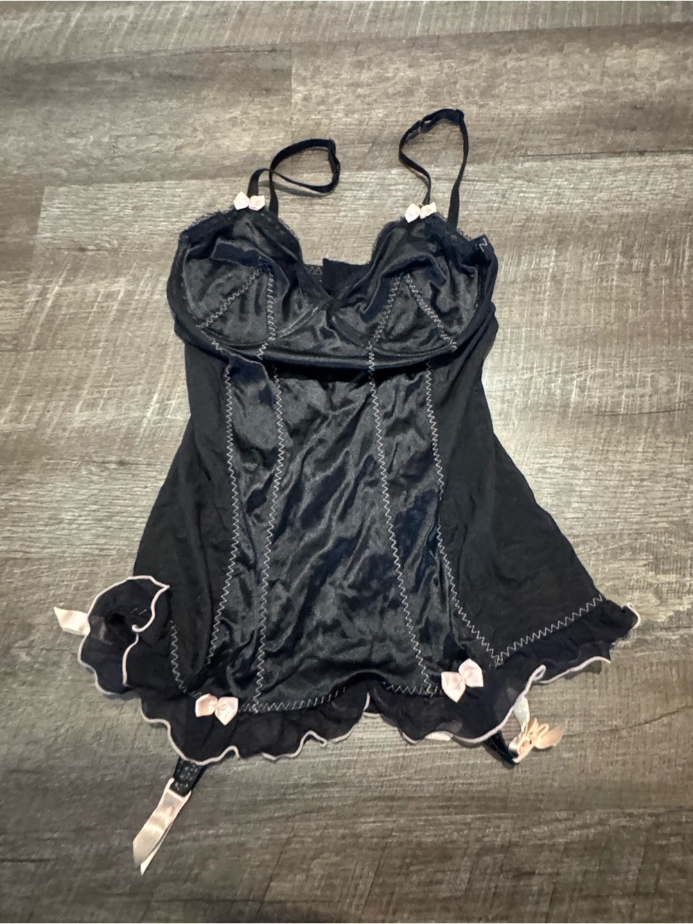 Victoria's Secret Black Lace-Trim Chemise with Pink Bow Accents